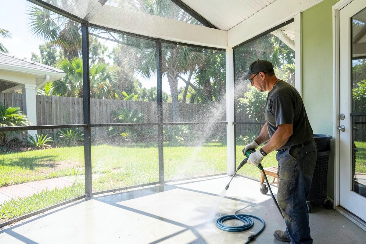 Pressure washing a screened back porch on a Palm Coast, Florida home
